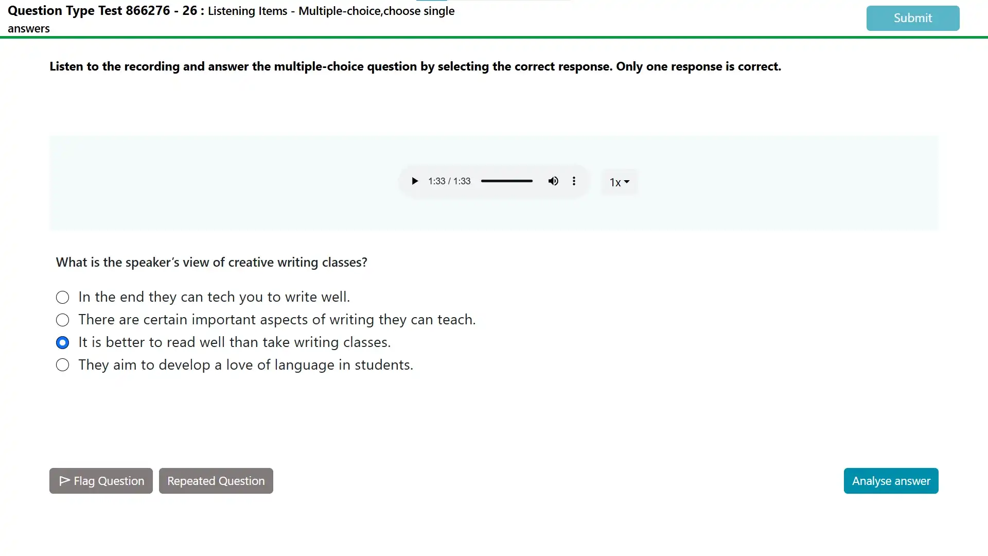 PTE Core listening multiple choice practice with audio on Prep27