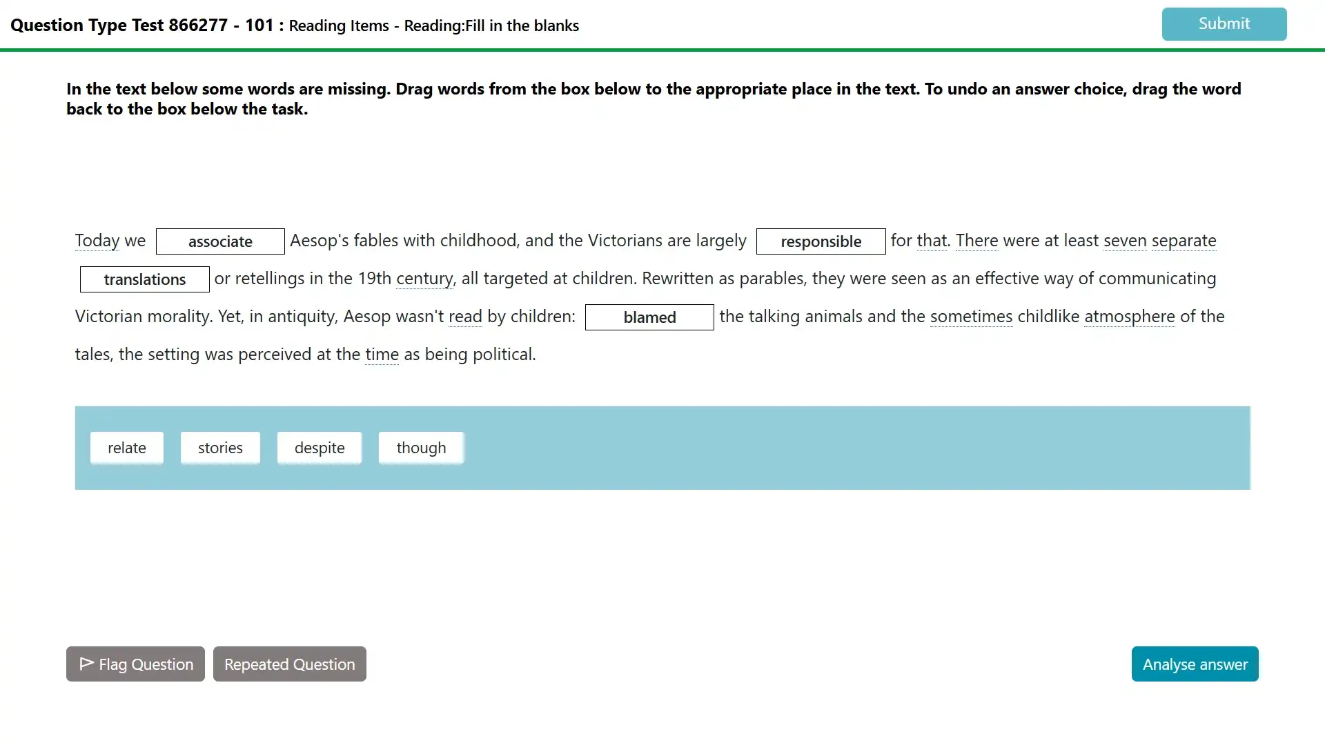 'PTE Core reading fill in the blanks practice test online