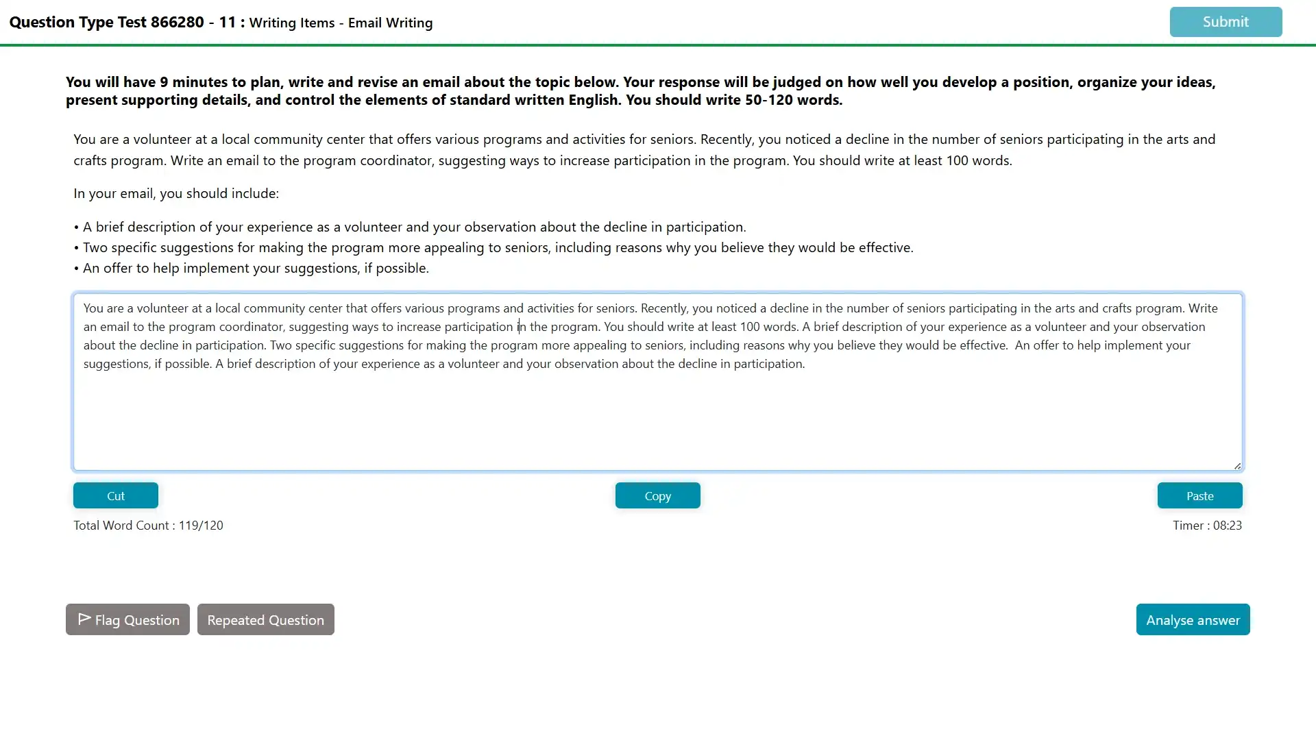 'PTE Core Write an Email task with AI score and grammar feedback