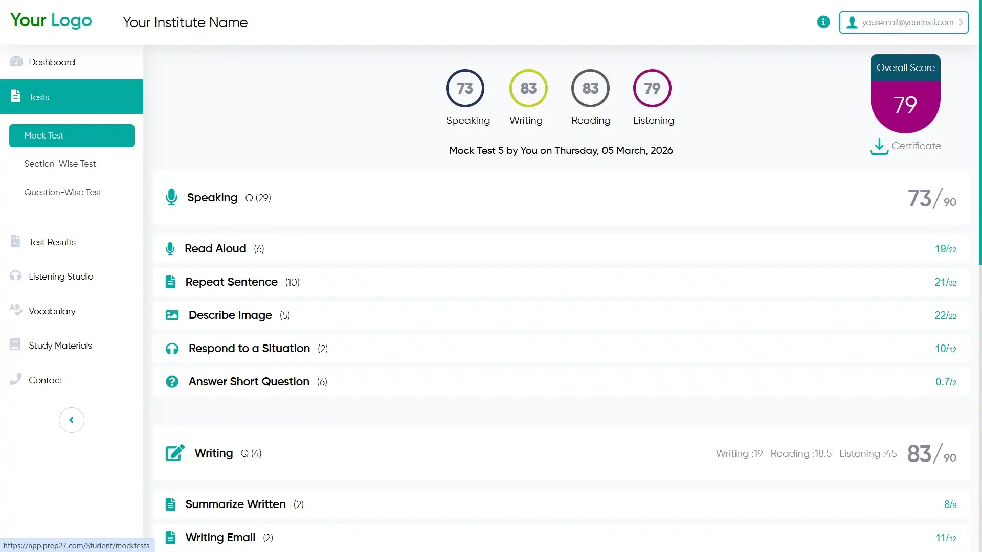 Institute software for PTE, IELTS, CELPIP, OET, Nclex